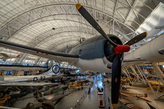The National Air and Space Museum's F6F-3 Hellcat is on display at the Steven F. Udvar-Hazy center near Dulles International Airport in Virginia.