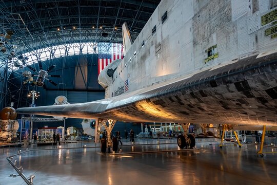 The Space Shuttle Discovery on display in the James S. McDonnell Space Hangar at the Steven F. Udvar-Hazy Center at the National Air and Space Museum.