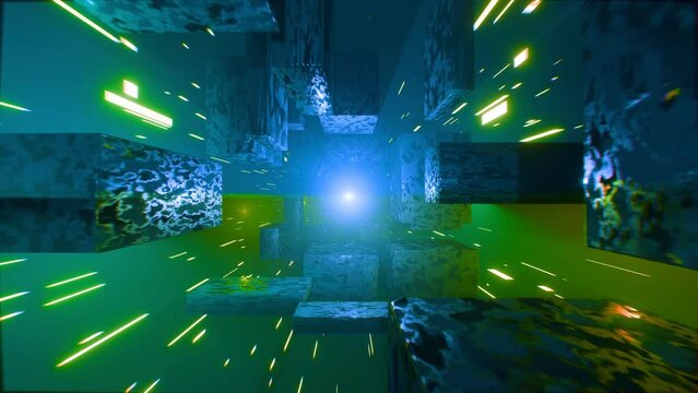 Abstract sci-fi tunnel with glowing cubes. Animated futuristic background