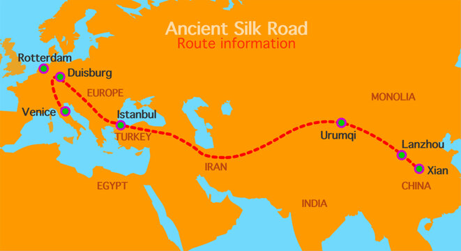 Silk road ancient route, information. China to europa, east to west, Persia, Iran, Turkey, italy, xian istanbul, rotterdam, venice countrys. Vector illustration