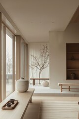 Serene simplicity of minimalist interior design, clean lines, neutral colors, and uncluttered spaces create a sense of calm