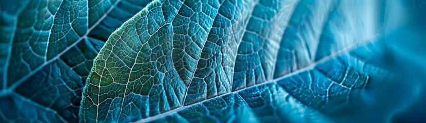 Detailed close-up view of a blue leaf with visible veins and texture, showcasing the natural beauty of nature. - obrazy, fototapety, plakaty