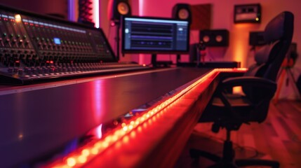 Modern Music Record Studio Control Desk. Studio for recording music and sound in neon colors.