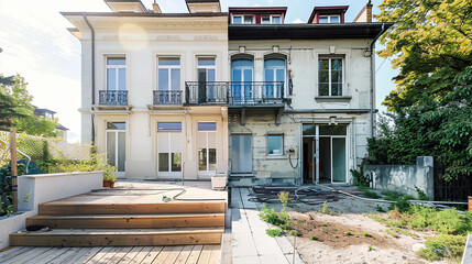Renovated house, both before and after the restoration process.  - obrazy, fototapety, plakaty