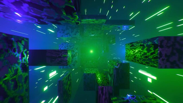 Glowing rotating tunnel of moving neon cubes. Abstract futuristic background
