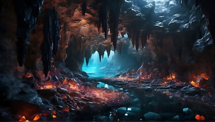 Amazing view inside a fantasy cave with glowing stone all around. - obrazy, fototapety, plakaty