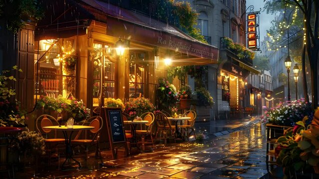 Atmospheric restaurant scene amidst the rain, offering a cozy retreat for diners indoors. Seamless Looping 4k Video Animation