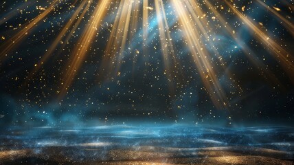 Glitter of lights, Multi-colored rays: gold and blue, all on a dark background, bokeh - obrazy, fototapety, plakaty