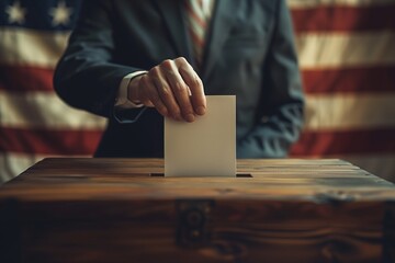 Business-suited hand casts vote in ballot box, symbolizing presidential election participation and democratic process - obrazy, fototapety, plakaty