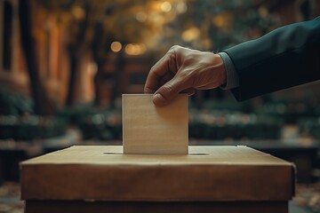 Business-suited hand casts vote in ballot box, symbolizing presidential election participation and democratic process - obrazy, fototapety, plakaty
