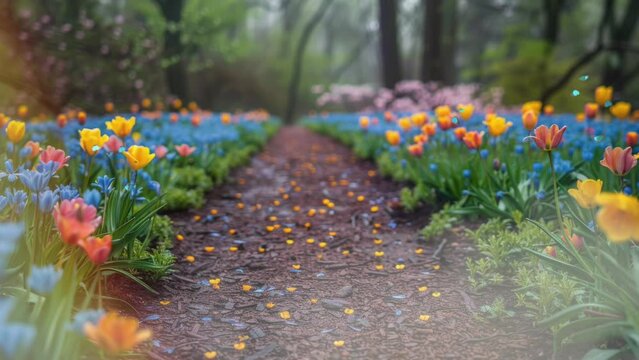 Sunlit Garden Abloom with Flowers and Fluttering Butterflies. Nature Background Video. Generative AI