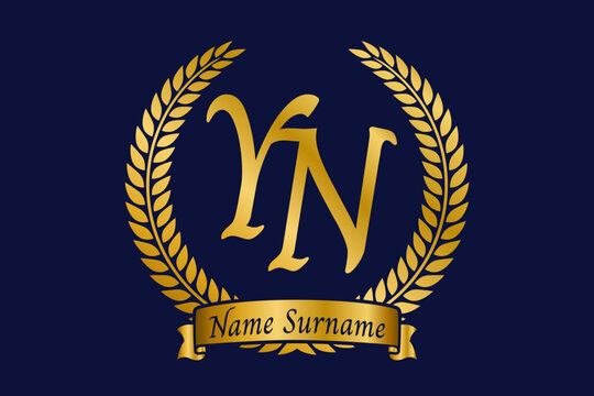 Initial letter Y and N, YN monogram logo design with laurel wreath. Luxury golden calligraphy font.