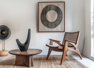 Mid-century modern interior design, wood armchair and coffee table with sculpture on top, circular black lamp in the background