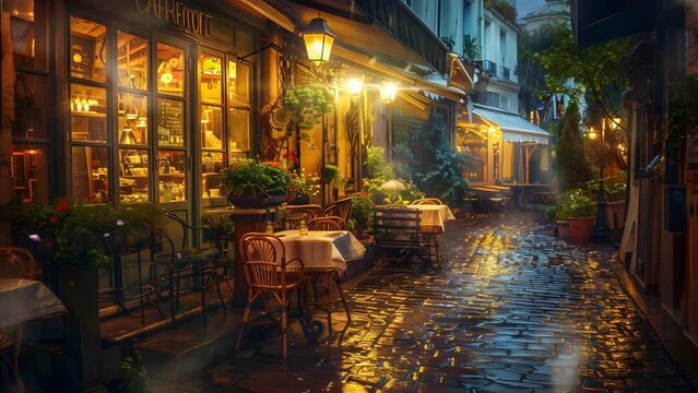 Inviting restaurant setting during a rainy day, providing a cozy refuge from the inclement weather. Seamless Looping 4k Video Animation