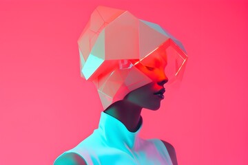 Fototapeta na wymiar Afrofuturistic Origami-Inspired Fashion Portrait of a Confident African Woman in Geometric Headpiece with Futuristic Neon Contrast and Soft Shadows