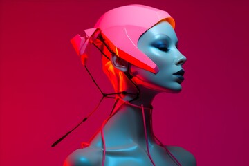Elongated Neck Female Mannequin with Futuristic Neon Pink Helmet on Magenta for Fashion Magazine Cover