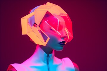 Futuristic Woman in Geometric Neon Helmet Mask Radiating Cinematic Vibes
