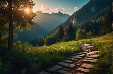 A path between forest and  mountains, sunset in the mountain, beautiful landscape 