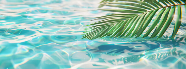 Water surface background with wave and palm leaf