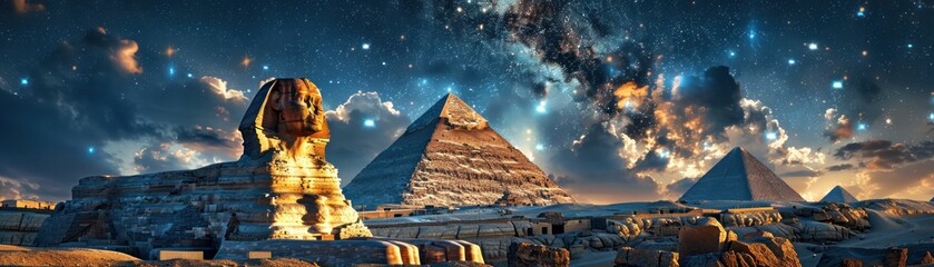 Majestic Night Sky over the Ancient Pyramids and Sphinx of Giza - obrazy, fototapety, plakaty