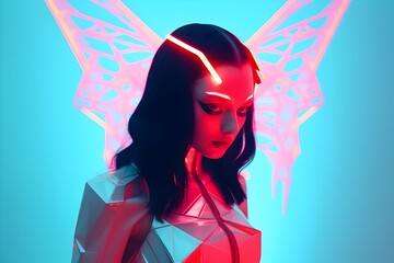 Futuristic Succubus: A Cyberpunk Portrait with Glowing Neon Butterfly Wings and Geometric Shapes