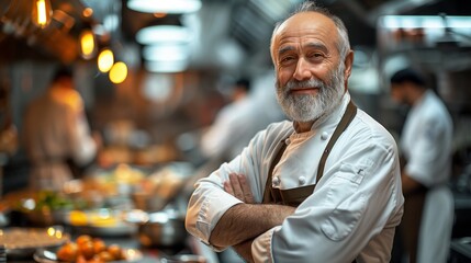 Experienced chef confidently poses in bustling kitchen, arms crossed, smiling at camera amidst restaurant's hustle