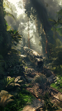 Amidst dense jungle foliage lies the wreckage of a rusted Boeing.