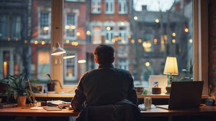 Man in a work from home environment with a view of the street