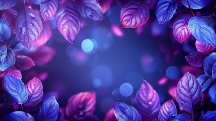 a blue and purple background with a bunch of purple leaves in the middle of the image and a blue circle in the middle of the image.
