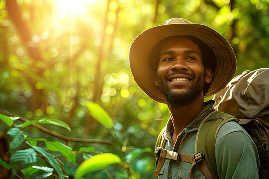 The face of a smiling man in a hat in the woods. Close-up. A joyful tourist.