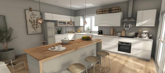 Minimalist kitchen with white cupboards, light wood floors and gray walls. A bar table in the middle of the room has chairs around it