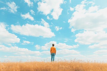 A young man on a field against the sky. Copy space. Landscape. background.