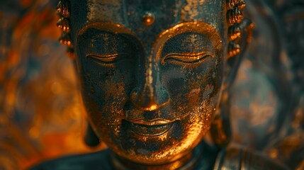 Background of a beautiful Thai Buddha statue decorate in gold. Buddha statue in calm and cool environment in incredible details.