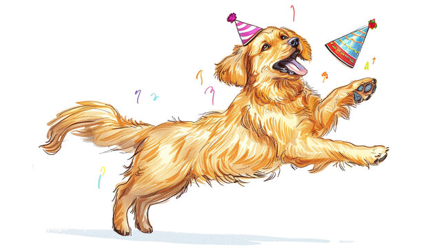 Drawing golden retriever dog with party hat and birthday decorations isolated against transparent background