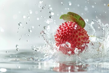 Fresh lychees in water with bubbles on a white background. - obrazy, fototapety, plakaty