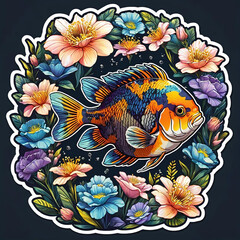 Close-Up Cichlid Fish Floral Sticker on Dark Background Gen AI
