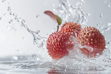 Fresh lychees in water with bubbles on a white background.