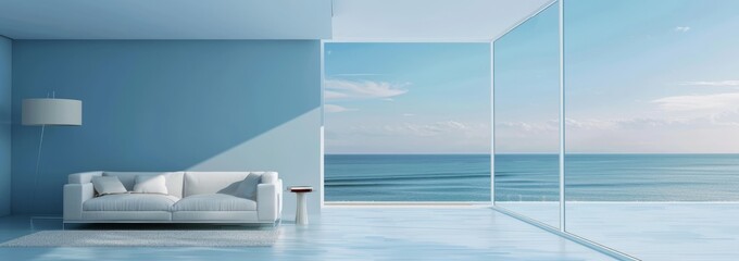 Minimalist living room with floor to ceiling windows overlooking the sea, light blue walls and white ceiling