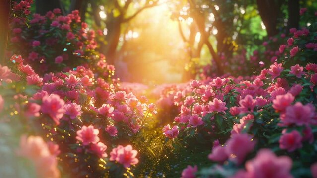 Sunlit Garden Abloom with Flowers and Fluttering Butterflies. Nature Background Video. Generative AI