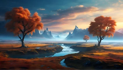 Gordijnen landscape of rivers and mountains at sunset in a fantasy world. © dimas