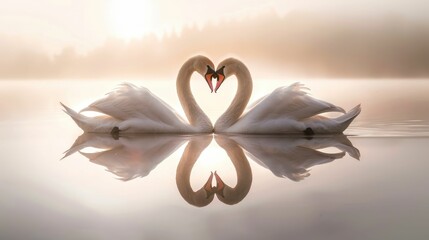 Elegant Swans Forming a Heart Shape on a Misty Lake at Sunrise