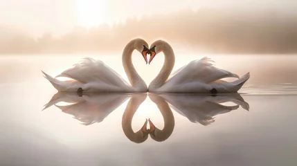 Poster Elegant Swans Forming a Heart Shape on a Misty Lake at Sunrise © Jinny787