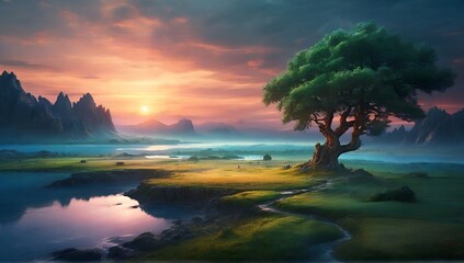 landscape of rivers and mountains at sunset in a fantasy world.