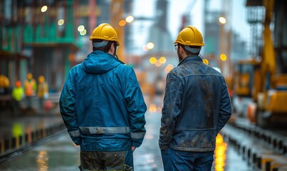 Workers walk through the factory, rear view.