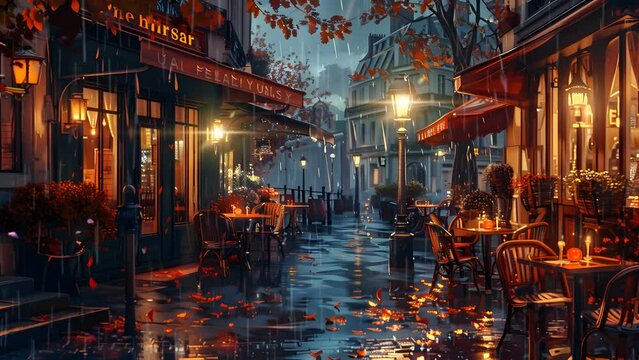 Cozy restaurant ambiance on a rainy day, offering warmth and comfort amidst the downpour. Seamless Looping 4k Video Animation