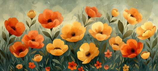 a painting of a field of orange and yellow flowers with green leaves and red and yellow flowers in the foreground.