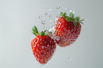 Strawberry dropped into water with air bubbles on a white background