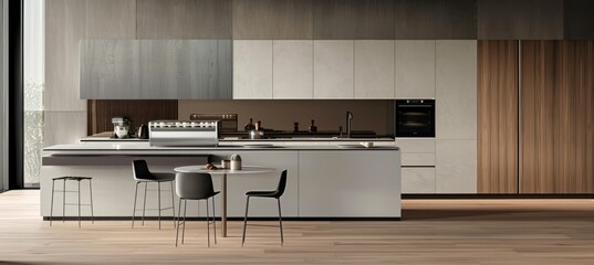 Minimalist modern kitchen with white cabinets, light wood floor and grey walls. In the center of the picture is an island counter top with chairs on each side.
