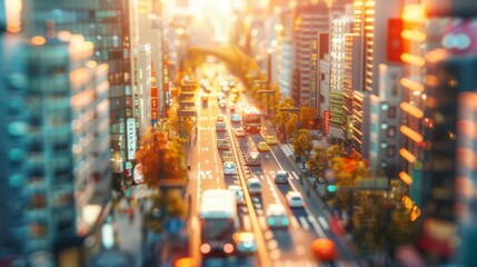 Tilt-shift photography of the Tokyo. Top view of the city in postcard style. Miniature houses, streets and buildings