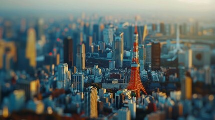 Tilt-shift photography of the Tokyo. Top view of the city in postcard style. Miniature houses, streets and buildings